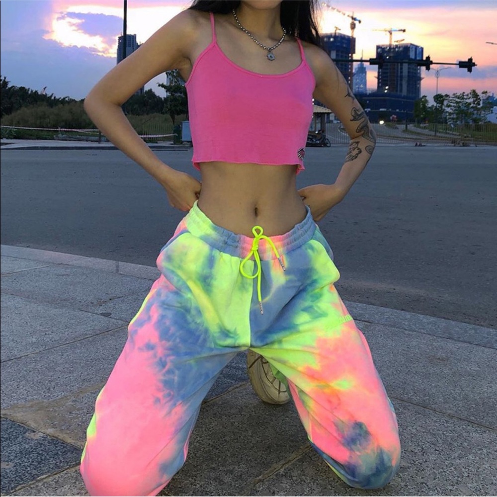 Neon pink yellow blue Tie dye joggers sweatpants - Picture 2 of 16